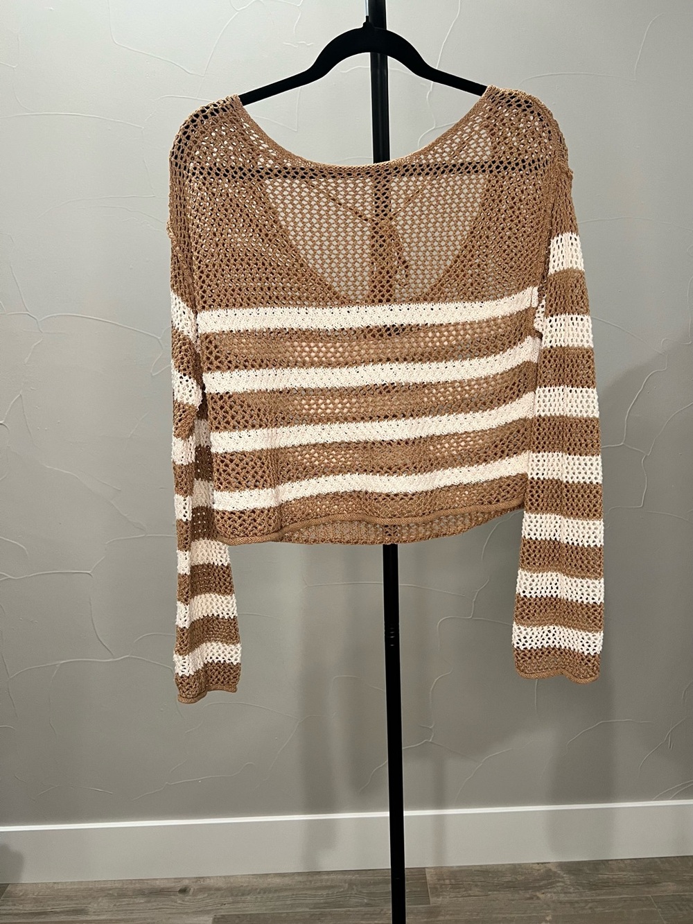 Striped Crochet Long-Sleeve Sweater in Tan and White